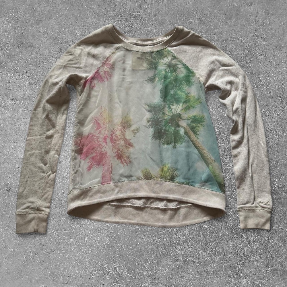 Hollister Womens Cream Palm Tree Graphic Mesh Front Sweatshirt Size S